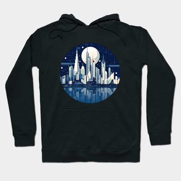 Modern City Skyline Landscape At Night Discovery Hoodie by Cubebox